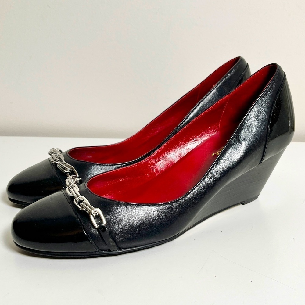 Cole Haan Nike Air Black Patent Leather Wedge Heels Pumps w/ Chain Detail, US 7